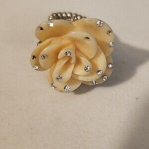 Ivory Bling Flower Statement  Silvertone Stretchy Band Ring